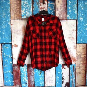 Women's No Boundaries Junior's Shirt Long Sleeve XXLARGE Red Plaid NEW